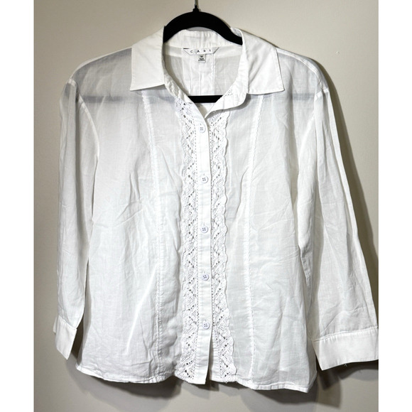 CAbi Women's Medium White Collared Cotton Lace Detail Long Sleeve ButtonUp Shirt - Picture 1 of 9
